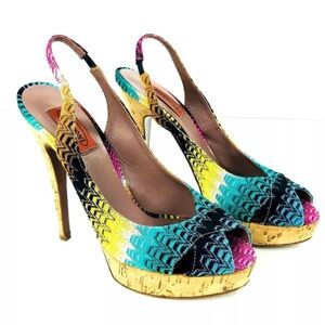 Authentic Missoni slingback cork platform chevron peep toe heels size 39